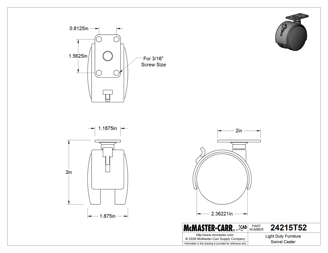 Technical Drawing of Light Duty Furniture Swivel Caster, with Brake, 2-3/8" x 1-7/8" Nylon Wheel, 2" x 1-3/16" Plate.
